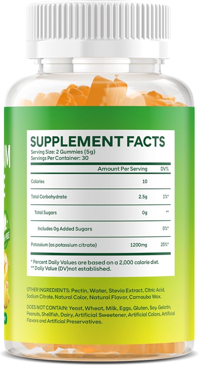 Potassium Citrate Gummies 1200mg, Chewable Potassium Supplement for Adults & Kids - Supports Muscle Health, Leg Cramps & Electrolyte Balance, Sugar-Free, Vegan, Pineapple Flavor, 60 Count