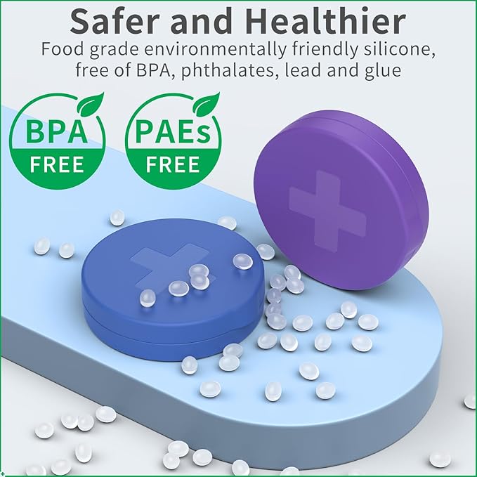 2 Pack Small Pill Box,Premium Thick Silicone 3 Compartment Travel Pill Box for Home/Desk Organizer, Portable Compact Medicine Holder for Vitamin, Cod Liver Oil, Supplement(Purple+Blue)
