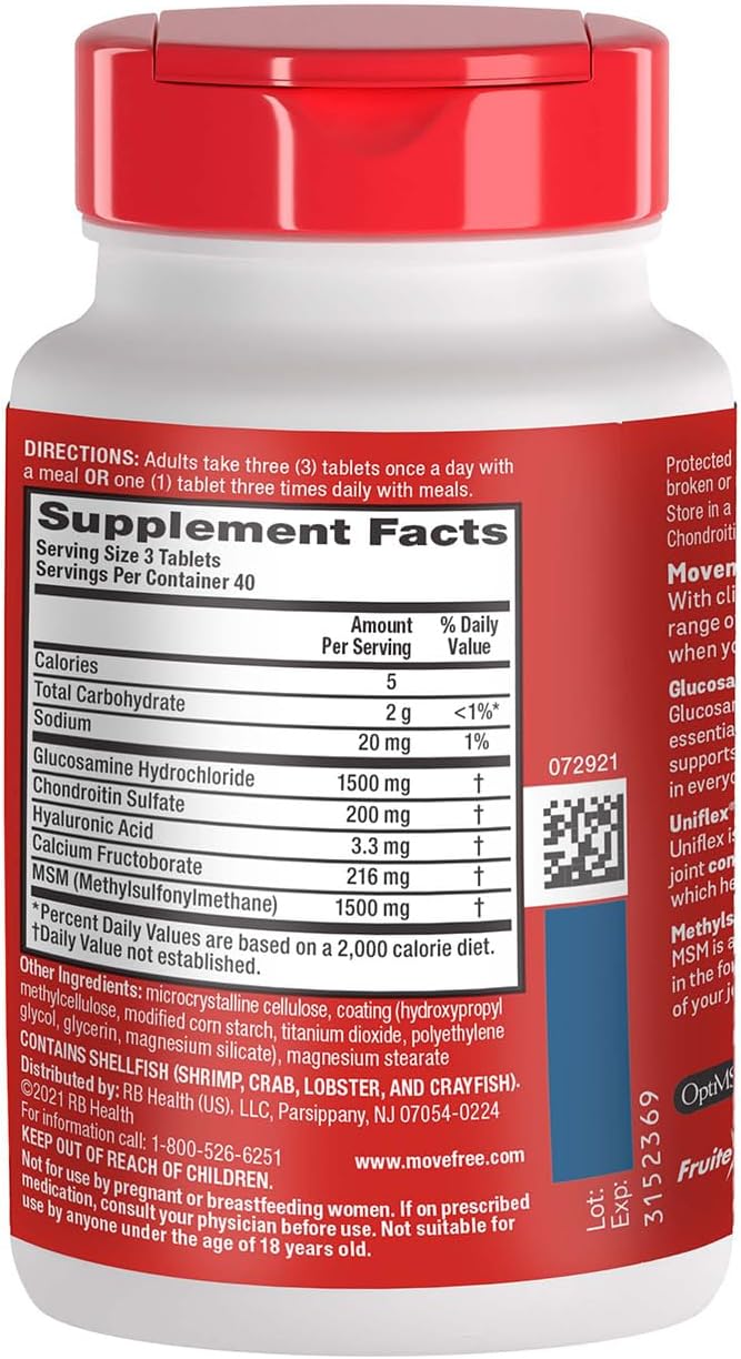 Move Free Advanced Glucosamine Chondroitin MSM Joint Support Supplement, Supports Mobility, Comfort, Strength, Flexibility & Bone, 120 Tablets/40 Servings (2 Pack)