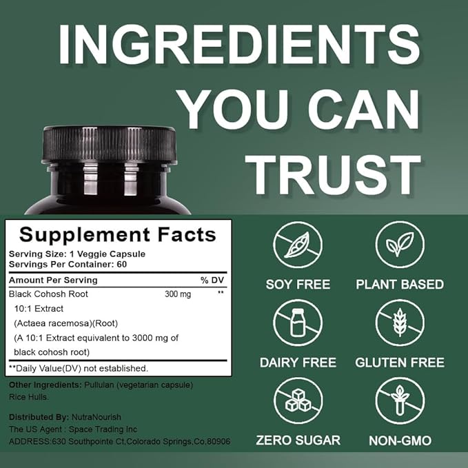 Black Cohosh Capsules,3000mg Strength,Black Cohosh Supplements for Women Menopause Hot Flashes,Non-GMO,60 Vegetarian Capsules