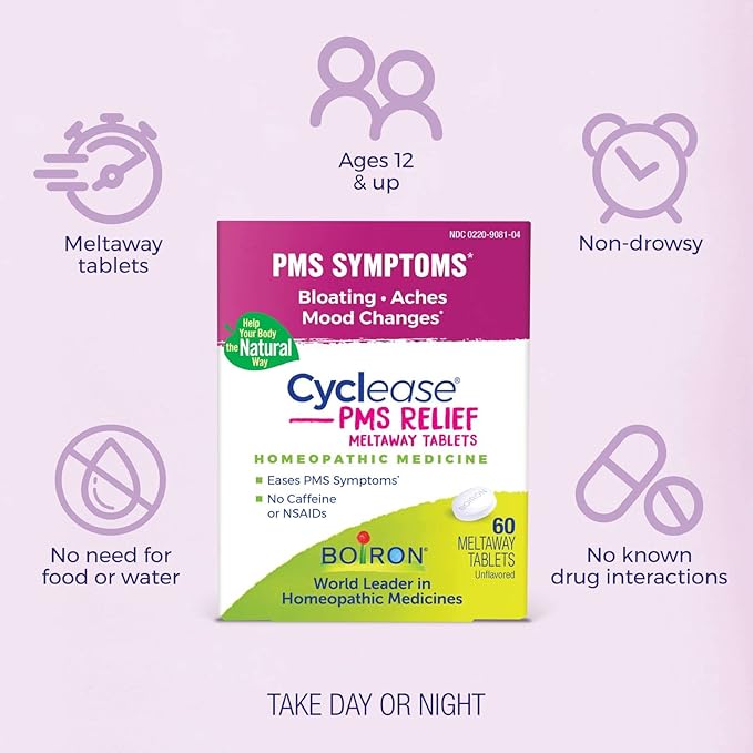 Boiron Cyclease PMS Relief Tablets for Symptoms from PMS of Bloating, Aches, Mood Swings, and Irritability - 60 Count