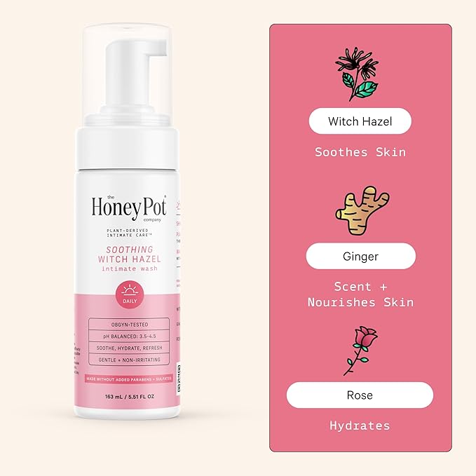 The Honey Pot Company - Witch Hazel Feminine Wash - Postpartum Essentials - Herbal Infused Hygiene Wash for Sensitive Skin - PH Balanced - Use to fill Post Partum Kit - Pregnancy Safe - 5.51 Fl Oz