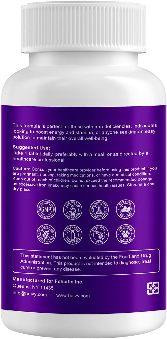 Heivy Ferrous Sulfate 325mg with Vitamin C (65 mg Elemental Iron), Non-Constipating Iron Supplement for Women - Non-GMO, Vegan - Made in USA