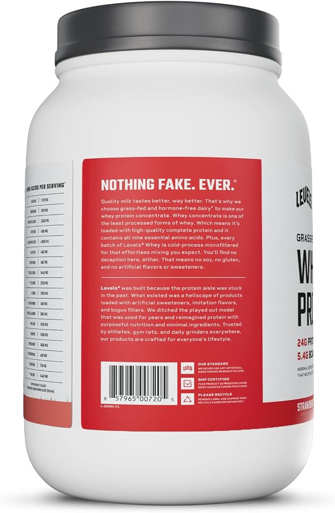Levels Grass Fed Whey Protein Powder, No Artificials, 24G of Protein, Strawberry, 2LB