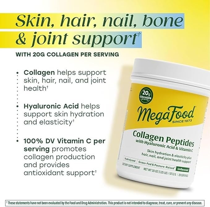 MegaFood Collagen Peptides for Women & Men - Unflavored Collagen Powder with Hyaluronic Acid & Vitamin C - Supports Skin Hair Nails & Joint Health - 20g Grass Fed Bovine Collagen - 20oz, 28 Servings