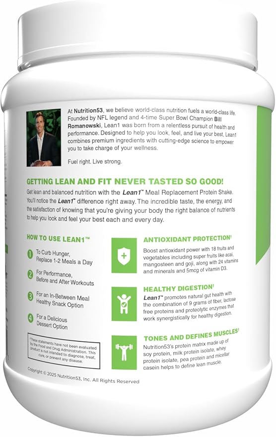 N53 Lean1 Meal Replacement Protein Powder, Cafe Latte Flavor, 15 Serving tub, No Sugar Added