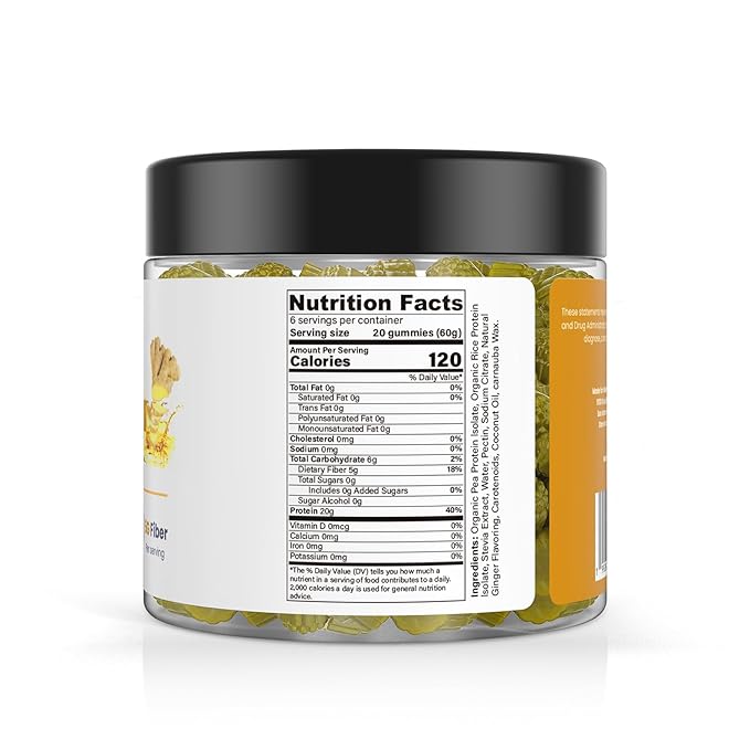 120 Sugar Free Protein Ginger Gummies with 1g per gummy & High Fiber | High Protein Snacks| Healthy Snacks for Adults| Plant Based | Fiber Gummies for Adults| Low carb 1g Net Carb, Stevia, Natural Flavor. (Ginger)