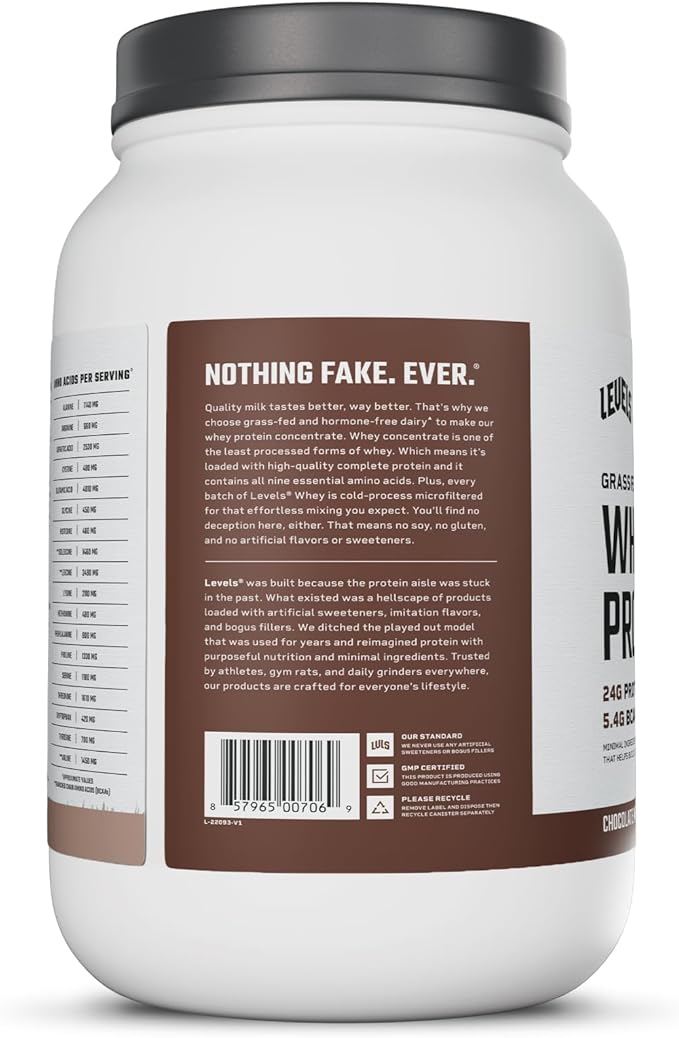 Levels Grass Fed Whey Protein Powder, No Artificials, 24G of Protein, Chocolate Mocha, 2LB