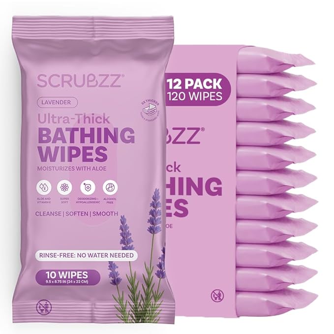 Extra Large Bath Wipes for Adults Bathing No Rinse - 120 Disposable Body Cleansing Wipes for Men, Women & Elderly - Great for Gym, Camping, Post Surgery - Lavender