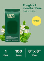 Earth Rated Pet Wipes for Dogs and Cats, Hypoallergenic, 3-in-1 Cleaning, Deodorizing and Hydrating, for Grooming Paws, Body and Butt, New White Tea and Basil Scent, 100 Count