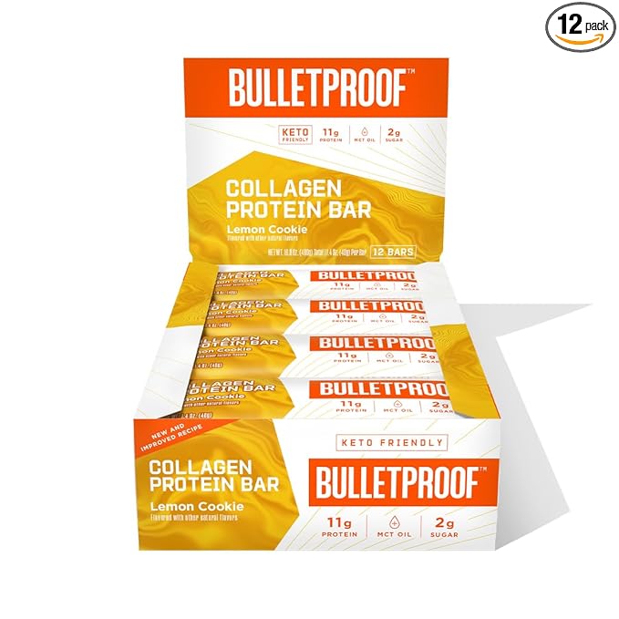 Bulletproof Lemon Cookie Collagen Protein Bars, Pack of 12, Keto-Friendly Snack with MCT Oil, Grass-fed Collagen, No Added Sugar