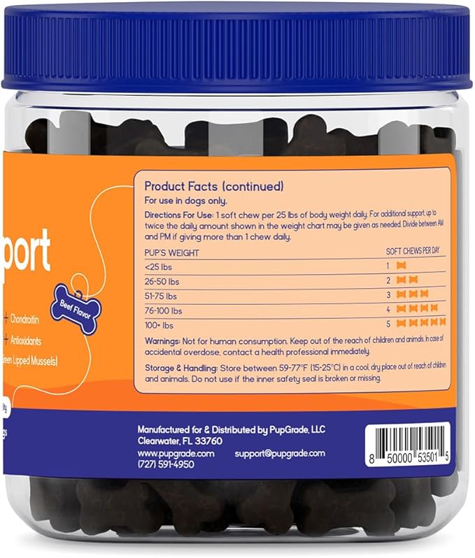 PupGrade Joint Support Supplement for Dogs - Glucosamine + Chondroitin with MSM and Perna - Supports Normal Hip & Joint Health for Occasional Discomfort, Beef Flavor - 360 Soft Chews