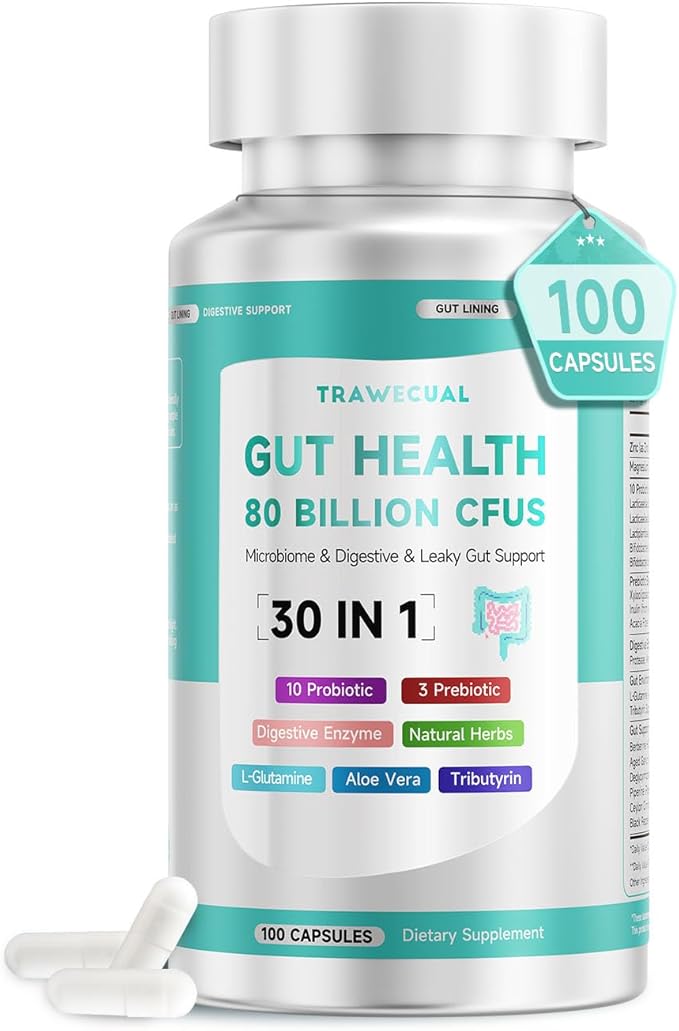 Gut Health Capsule Supplement, Supports Microbiome, Leaky Gut, and Digestion, with 80 Billion CFU Probiotics, Prebiotics, Digestive Enzymes, 30-in-1 Gut Health Supplement, 100 Capsules