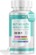 Gut Health Capsule Supplement, Supports Microbiome, Leaky Gut, and Digestion, with 80 Billion CFU Probiotics, Prebiotics, Digestive Enzymes, 30-in-1 Gut Health Supplement, 100 Capsules