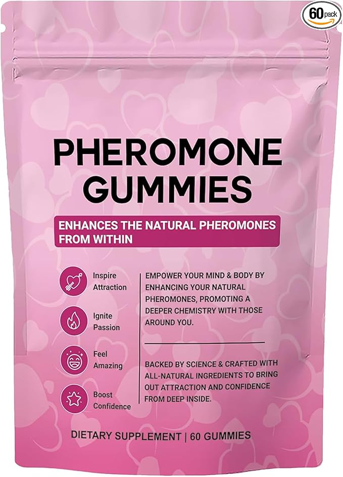Pheromone Gummies with Slippery Elm, for Women,Enhance Charm,Supports Balance,Confidence & Social Vibe,Vegan,Non-GMO,Gluten-Free,Strawberry Flavor,60 Gummies