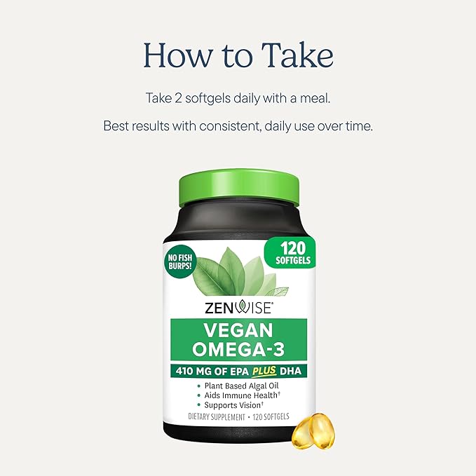 Zenwise Health Vegan Omega 3 Supplement - Burpless Omega 3 Supplement with DHA, EPA & DPA Fatty Acids for Immune Health - Fish Oil Alternative from Sustainably Sourced Marine Algae Oil - 120 Softgels