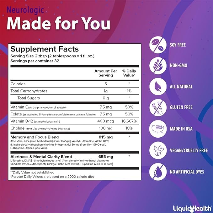LIQUIDHEALTH Mega Energy B-Complex & Neurologic Nootropic Liquid Supplement Bundle for Adults - Increase Natural Energy Levels, Improve Memory, Alertness & Focus, Boost Mood - Vegan, Non-GMO, USA Made