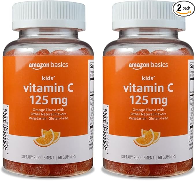 Amazon Basics Kids' Vitamin C 125mg Gummies, Orange, Immune Health, 2 Month Supply (Previously Solimo) 60 Count (Pack of 2)