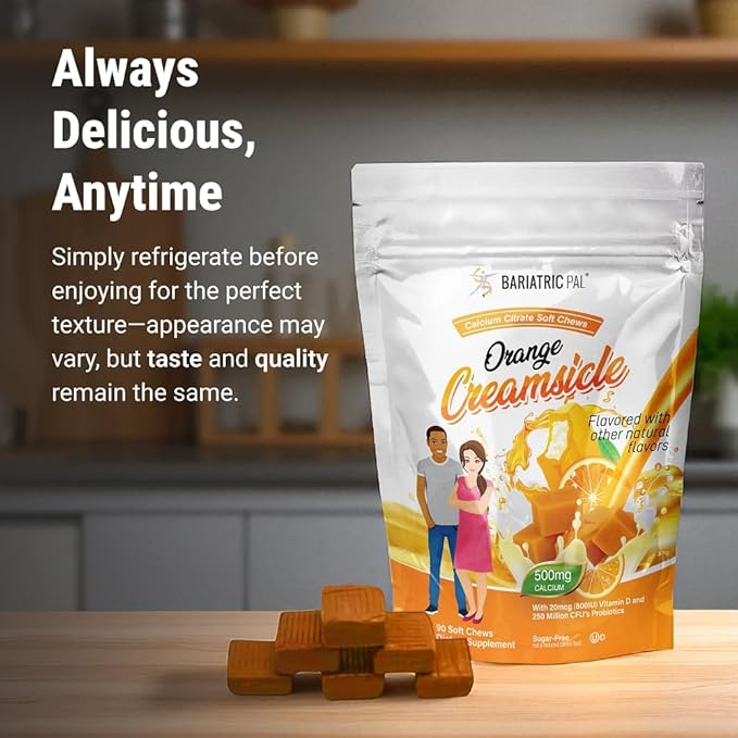 BariatricPal Sugar-Free Calcium Citrate Soft Chews | 500mg with Vitamin D & Probiotics | Orange Creamsicle | 90 Count (1 Month Supply)