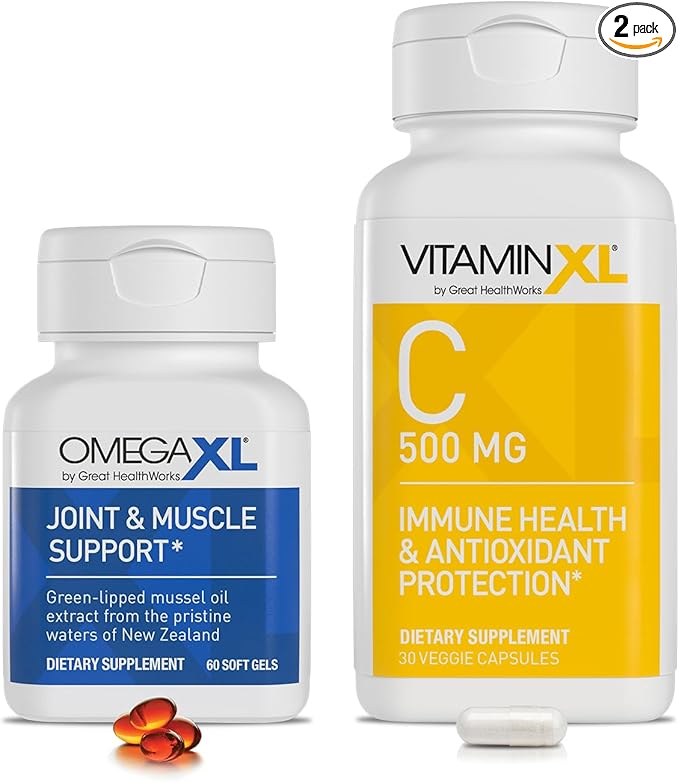 OmegaXL Joint Support Supplement, Natural Muscle Support (60 Softgels) & VitaminXL Vitamin C Supplement for Antioxidant Support, Helps Immune Health and Collagen Production (30 Vegan Capsules)