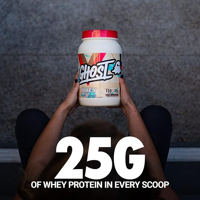 GHOST Whey Protein Powder, Milk Chocolate - 2LB, 25G of Protein - Whey Protein Blend - ­Post Workout Fitness & Nutrition Shakes, Smoothies, Baking & Cooking - Soy & Gluten-Free