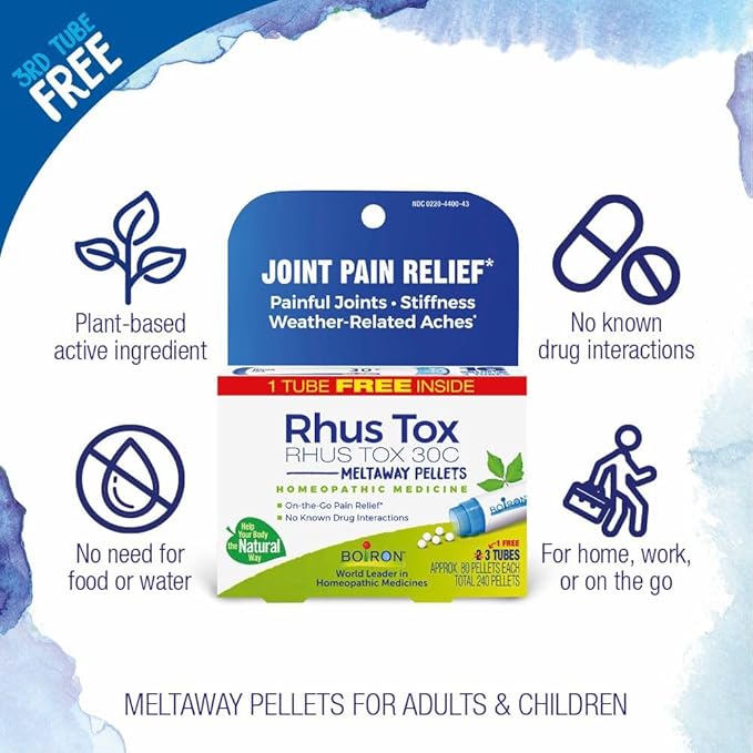 Boiron Rhus Tox 30C Homeopathic Medicine for Relief from Joint Pain,Muscle Aches,Swollen or Stiff Joints,and Weather Related Aches - (240 Pellets),3 Count (Pack of 2)