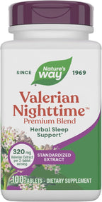 Nature's Way Valerian Nighttime Premium Blend, Herbal Sleep Support Supplements*, 320 mg of Valerian Extract per 2-tablet serving, Gluten-Free, 100 Tablets (Packaging May Vary)