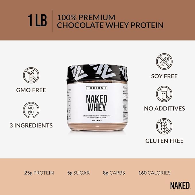NAKED Chocolate Whey 1LB - All Natural Grass Fed Whey Protein Powder, Organic Cacao, and Coconut Sugar - NSF Certified, No GMO, No Soy, and Gluten Free, Aid Growth and Recovery - 12 Servings