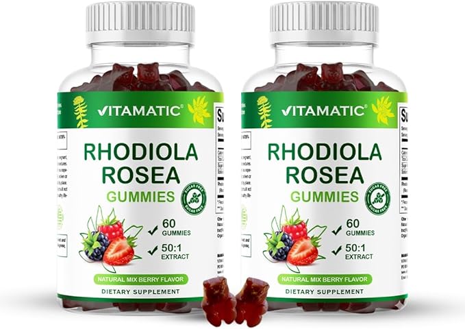 Vitamatic Rhodiola Rosea Gummies – Sugar-Free Plant-Based Extract – Mixed Berry Flavor – Vegan, Non-GMO – Adaptogen Supplement Gummies – 60 Count