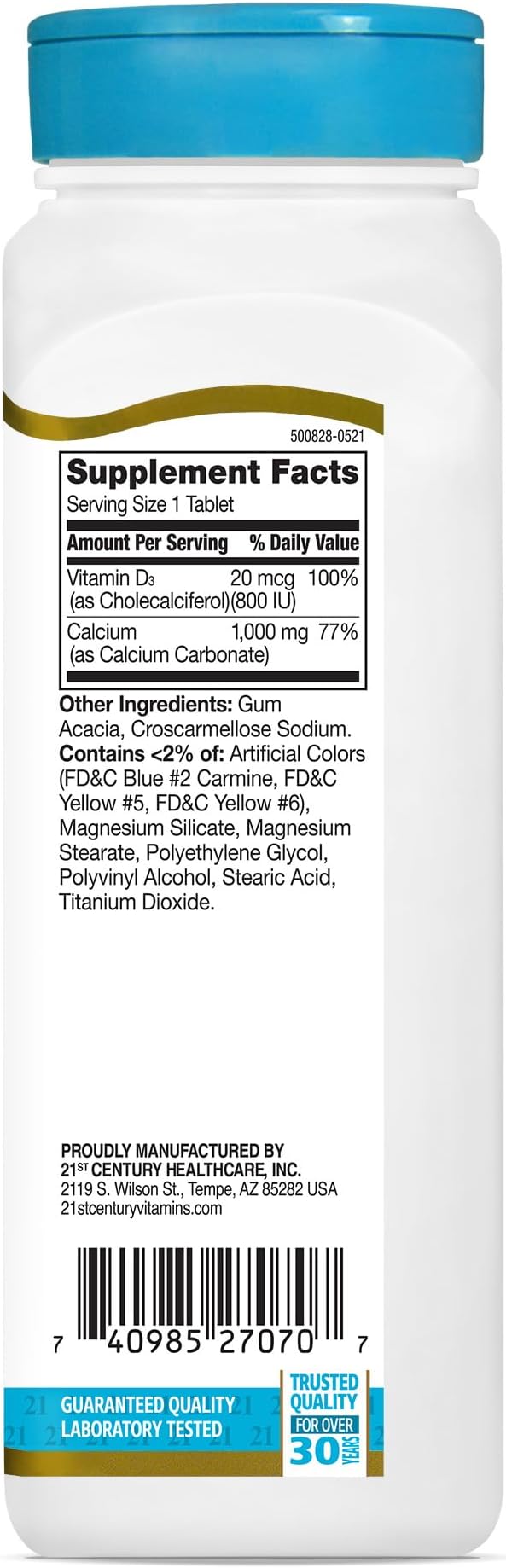 21st Century Calcium Plus D3 Tablets, (90 Count), 1000mg Calcium with Vitamin D3 20mcg (800 IU), Gluten-Free & Non-GMO, Bone Health Supplement for Men & Women, No Added Yeast or Artificial Flavors
