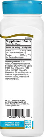 21st Century Calcium Plus D3 Tablets, (90 Count), 1000mg Calcium with Vitamin D3 20mcg (800 IU), Gluten-Free & Non-GMO, Bone Health Supplement for Men & Women, No Added Yeast or Artificial Flavors