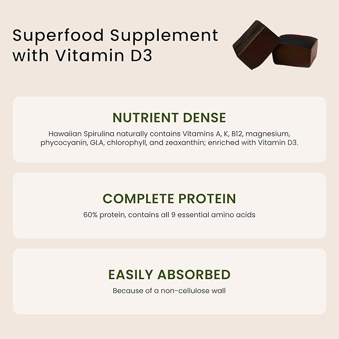 Nutrex Hawaii Pure Hawaiian Spirulina Gummies – Sugar-Free, Vegan Superfood Plus Vitamin D3, Farm Grown in Kona, Non-GMO, 60 Count