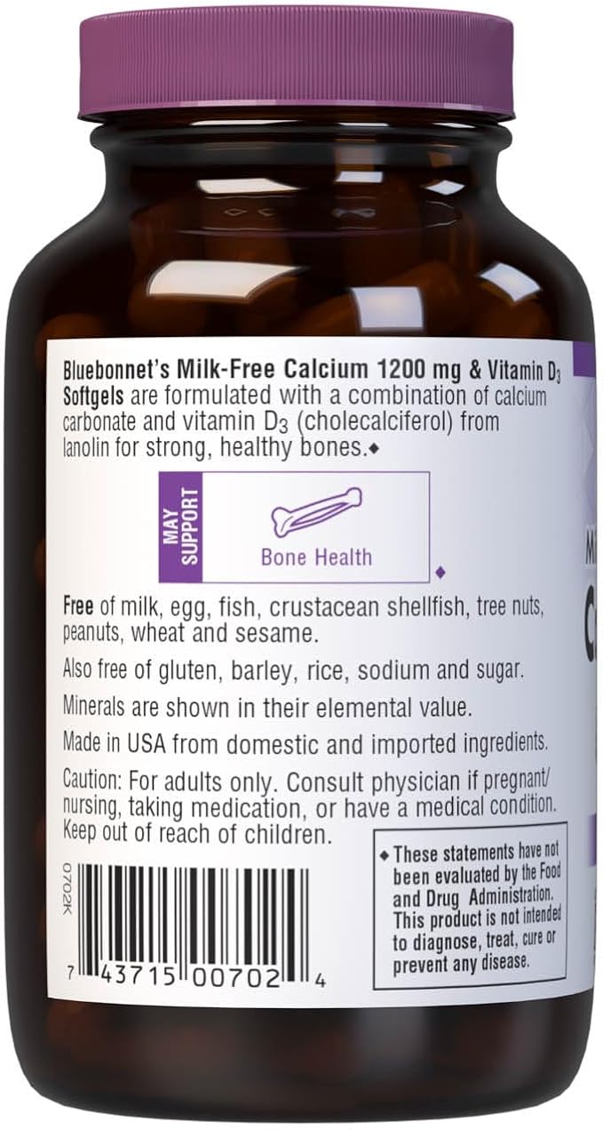 Bluebonnet Nutrition Milk-Free Calcium 1,200 mg Plus Vitamin D3 400 IU - High Potency, Maximum Absorption Strong Healthy Bones & Immune Health Support Supplement, Gluten-Free, Dairy-Free, 60 Softgels