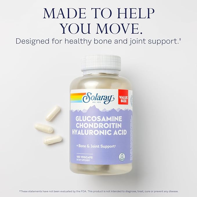 SOLARAY Glucosamine Chondroitin Hyaluronic Acid, Healthy Bone and Joint Support Supplement Plus Vitamin C for Enhanced Absorption, Lab Verified, 60-Day Guarantee, 60 Servings, 180 VegCaps