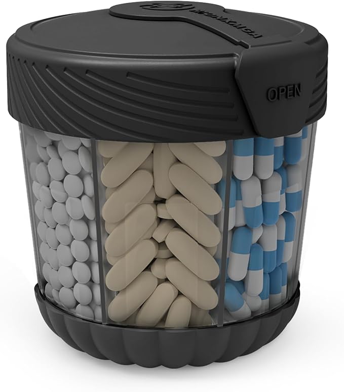 HIONXMGA Large Pill Dispenser with 7 Compartments, Portable Pill Bottle Organizer for Travel, Anti-Mix Supplement Organizer Easy Twist Wide-Opening, BPA-Free Pill Box Container, Black-Translucent