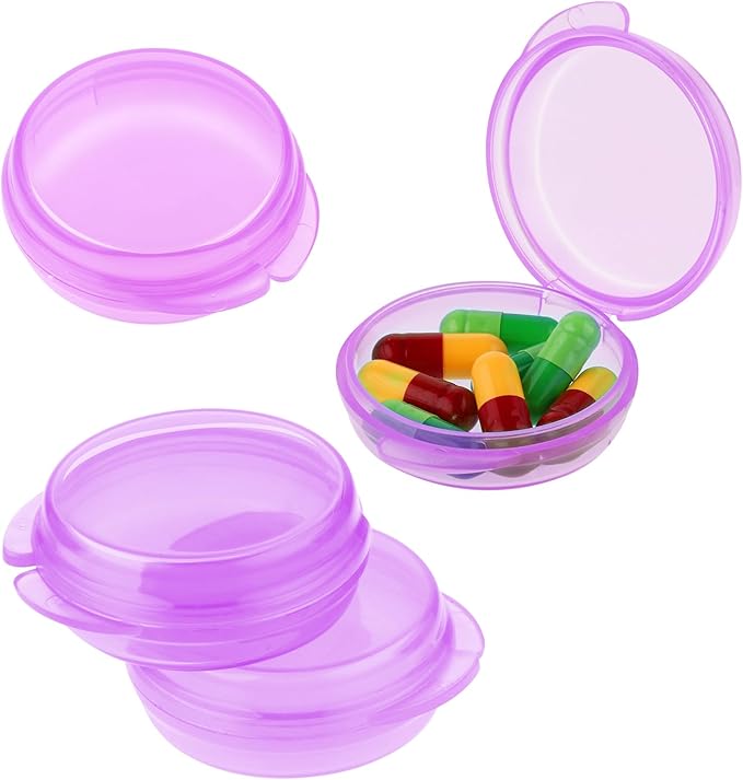 4 Pcs Mini Pill Organizer Small Pill Box Cute Portable Pill Case for Pocket Purse Travel Storage Containers Earplug Case Medicine Dispenser Vitamin Holder (4 Purple)