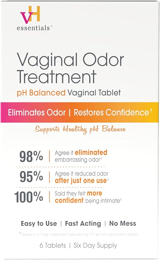 vH essentials Vaginal Odor Treatment - pH Balanced Vaginal Suppositories - 6 Tablets With Applicator, White