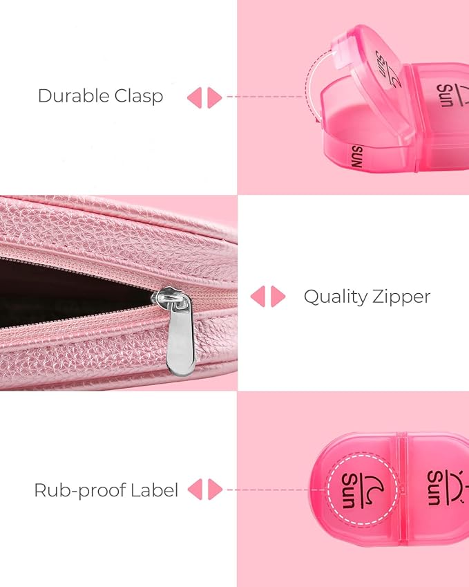 AMOOS Cute Pill Organizer 2 Times a Day, PU Leather Pill Case for Women, Portable Weekly Pill Box for Purse with Storage Bag to Hold Vitamins, Medications, Fish Oils, Supplements (Pink)