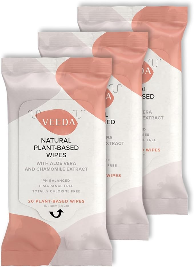 Veeda Plant-Based Feminine Wipes – pH-Balanced, Hypoallergenic & Biodegradable Wipes for Sensitive Skin, Fragrance-Free Travel Sized Wipes – 60 Count