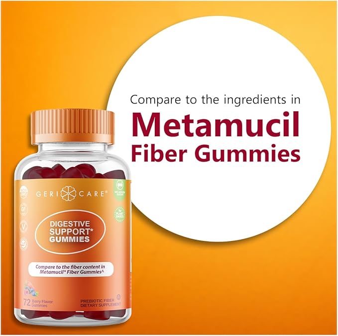 GeriCare Prebiotic Digestive Support, Gummies Compare to Metamucil Fiber Gummies, Berry Flavor, 72 Count, Plant-Based Fiber for Gut Health, Non-GMO, Gluten-Free, Vegan, Fiber Supplement
