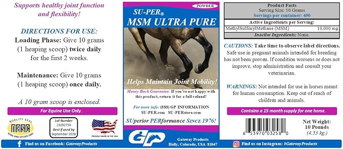 SU-PER MSM Ultra Pure Horse Joint Supplement - Helps Maintain Joint Mobility and Flexibility - 10 Pound, 15 Month Supply