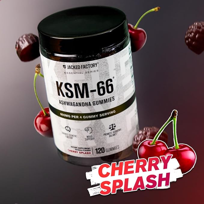 Jacked Factory Ashwagandha Gummies - KSM 66 Ashwagandha Gummies (600mg Per Serving) - Enhance Cognitive Function, Boost Mood, and Promote Hormonal Balance - 120 Gummies, Cherry Splash