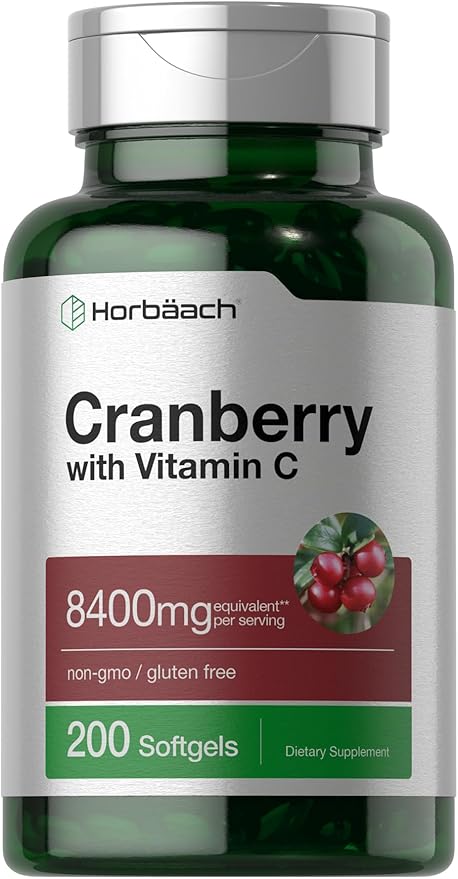 Horbäach Cranberry Pills for Women and Men | 200 Softgels | Extract Supplement with Vitamin C | Non-GMO, Gluten Free
