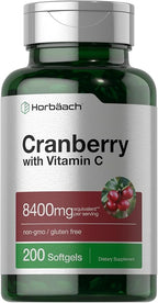 Horbäach Cranberry Pills for Women and Men | 200 Softgels | Extract Supplement with Vitamin C | Non-GMO, Gluten Free