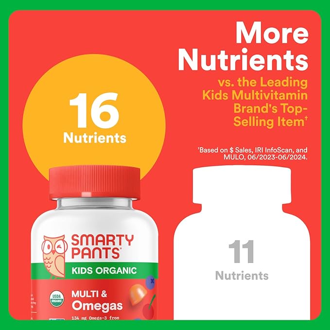 SmartyPants Organic Kids Multivitamin Gummies: Omega 3 (ALA), Beta Carotene, Vitamin B12, B6, A, K & Zinc for Immune Support, Biotin, Vegetarian, Three Fruit Flavors, 120 Count (30 Day Supply)