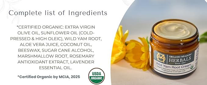 Organic Meadow Herbals Wild Yam Root Cream - USDA Certified Organic Balancing Cream for PMS & Menopause Relief - Estrogen & Progesterone-Free, Handmade, Woman-Owned & Operated Since 1994 (4 oz)