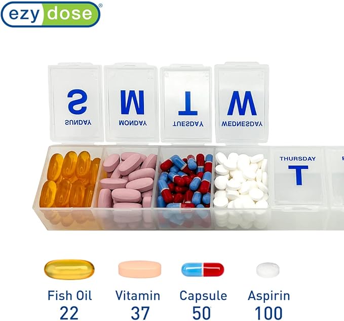 EZY DOSE Weekly (7-Day) Pill Case, Medicine Planner, Vitamin Organizer Box, 3X-Large Compartments to Secure Prescription Medication and Prevent Accidental Spilling, Clear Lids, BPA Free