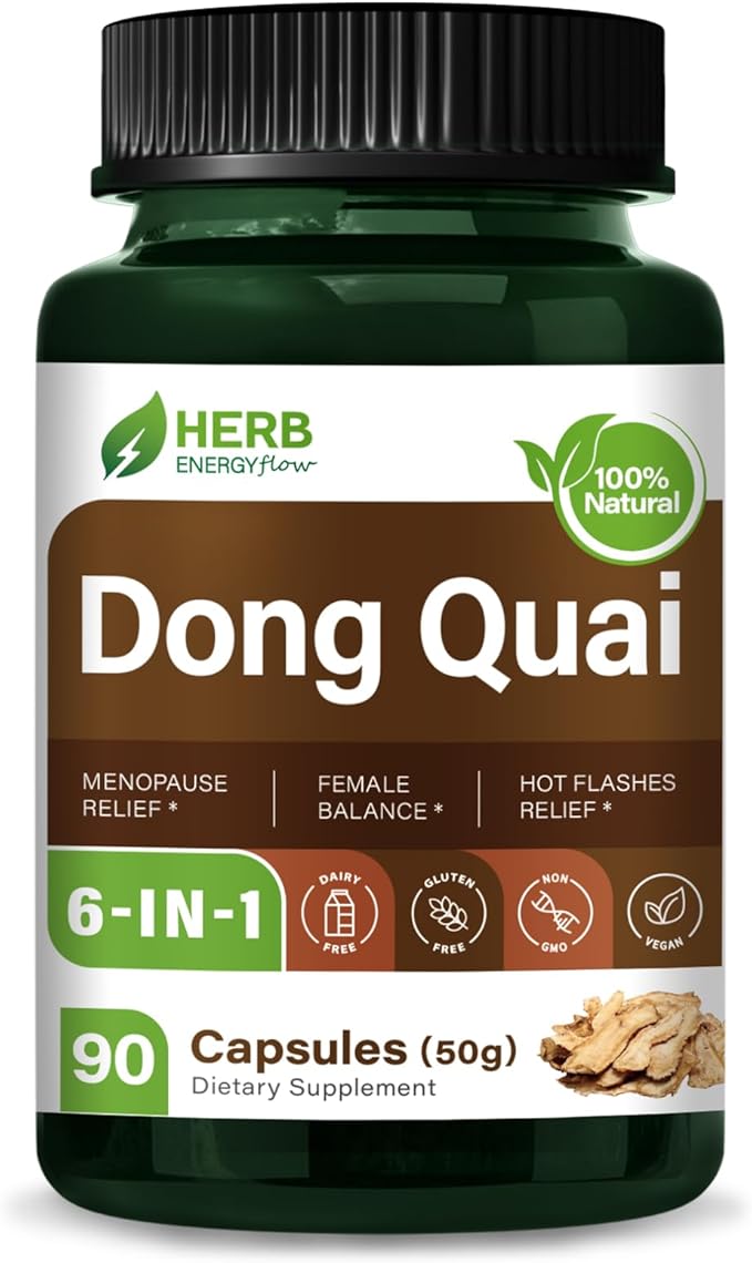 HERBENENERGYflow Dong Quai Capsules, 90 Count. Women Health Supplement for Menopause Relief | Female Balance & Hot Flashes Relief. | Non-GMO, Vegetarian Capsules w/Black Cohosh Red Clover.