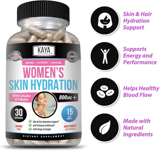 Kaya Naturals Skin Hydration Vitamins - Female Pills - Skin Enhancer Capsules -Hydration Booster for Women - Promotes Increased Energy, Mood & Stamina - Reduction in Dryness - 30 Veggie Capsules