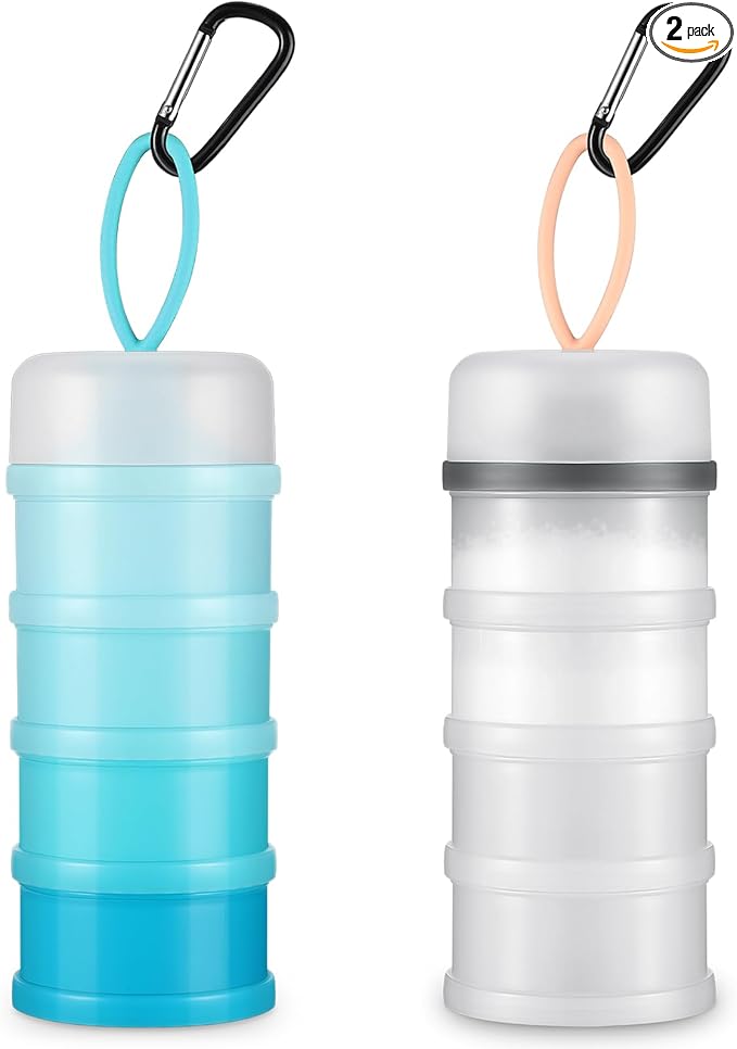 Baderke 2 Pcs Protein Powder Container with Funnels Stand, 4 Stackable Leakproof Protein Powder Dispenser, Portable Keychain Powder Container for Workout, Fitness, Travel(White, Blue)